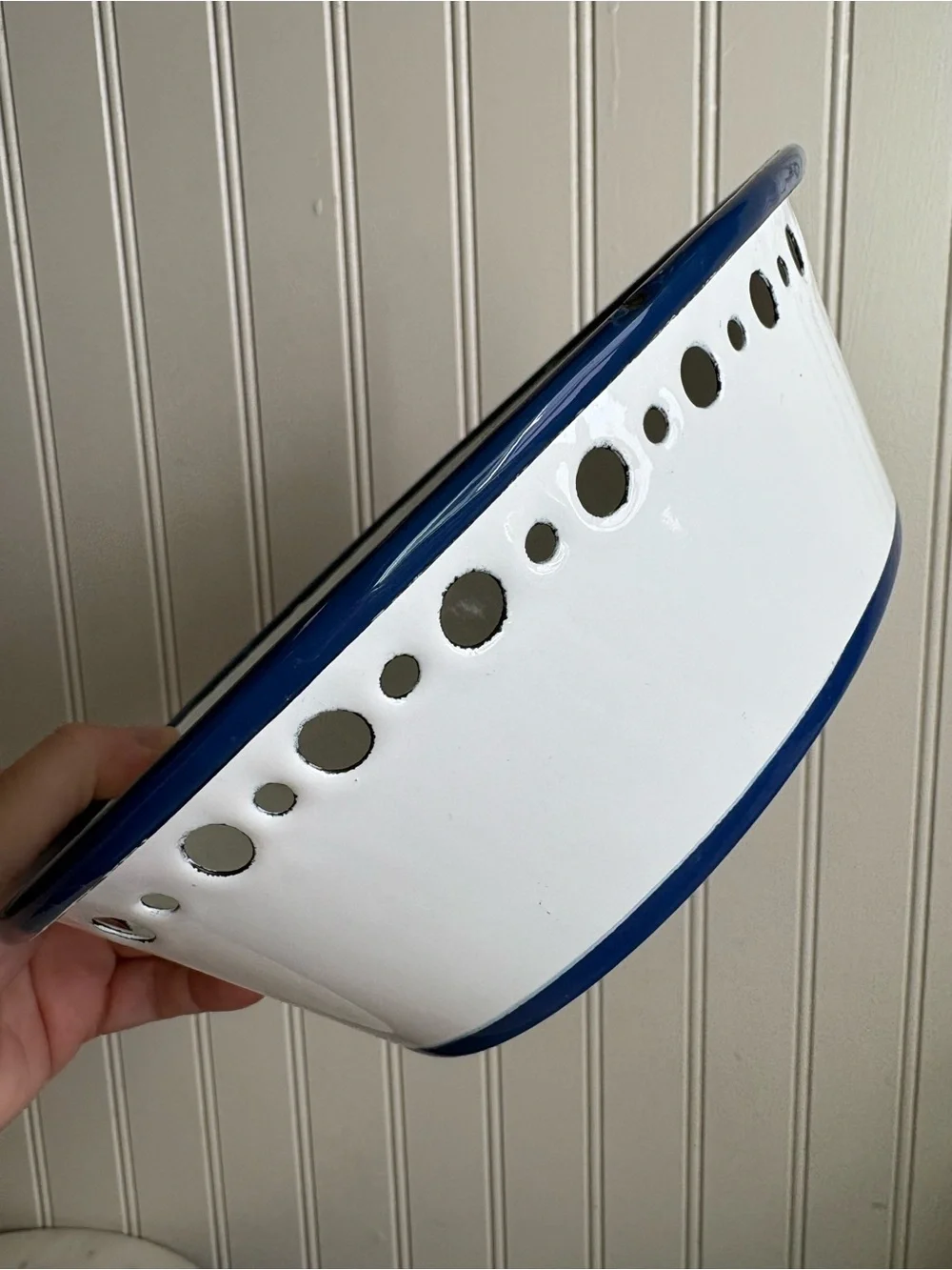 Vintage IKEA Enamel Arv Idyell Perforated Oval Bowl White & Blue Floral VTG 90s